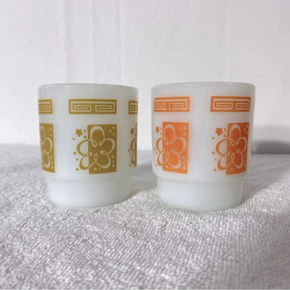 Vintage Anchor Hocking Yellow & Orange Atomic Cloud Pattern Stacking Mugs x2 - Picture 6 of 11